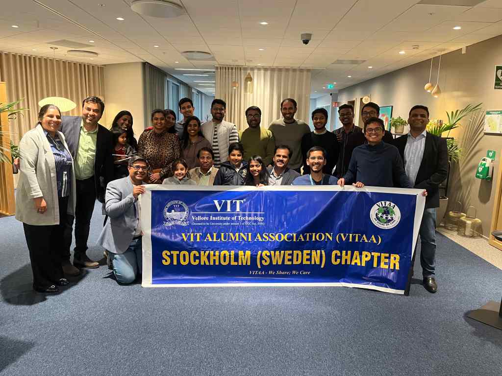 Prabodha (standing, first from right, first row) in a group photograph with VIT University Chancellor Dr. G. Vishwanathan, Deputy-director International relation
 Dr. R. Seenavasan and other VIT alumni during the VITAA Stockholm (Sweden) Chapter. May 2023